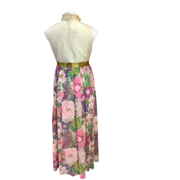 1970s Bridgerton Inspired Ivory and Floral Sleeveless Dress - Picture 2 of 16